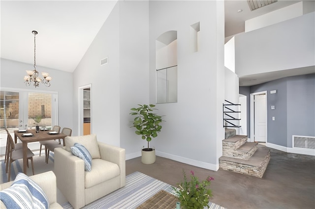 36536 Jenna Ln, Palmdale, CA 93550 - living room featuring high vaulted ceiling, stairway, and a chandelier