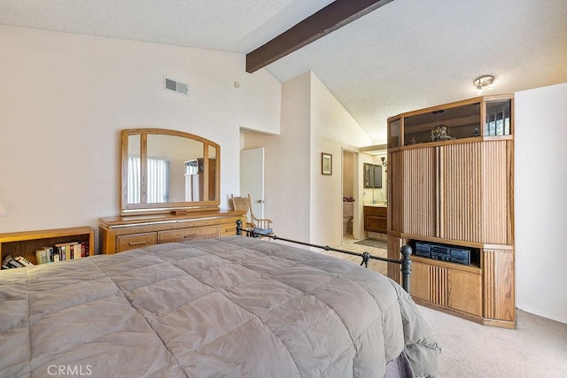44668 13th St E, Lancaster, CA 93535 - bedroom featuring beamed ceiling, carpet floors, high vaulted ceiling, and ensuite bath