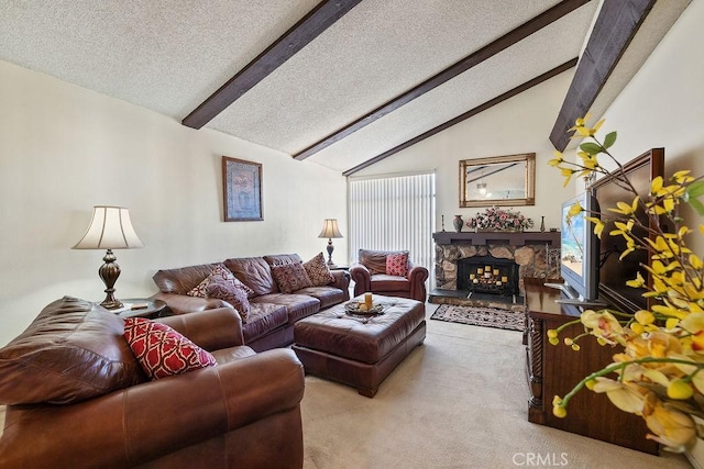 44668 13th St E, Lancaster, CA 93535 - living area with light carpet, a textured ceiling, and a stone fireplace