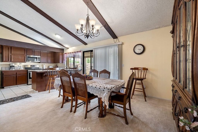 44668 13th St E, Lancaster, CA 93535 - dining area featuring a chandelier, light carpet, and a textured ceiling
