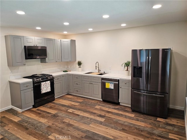 8463 California Ave, Riverside, CA 92504 - kitchen featuring stainless steel appliances, gray cabinets, dark wood-type flooring, recessed lighting, and light countertops