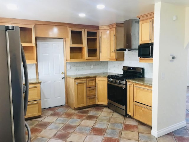 1230 Ramona Ave, Spring Valley, CA 91977 - kitchen with appliances with stainless steel finishes, wall chimney exhaust hood, open shelves, tasteful backsplash, and recessed lighting