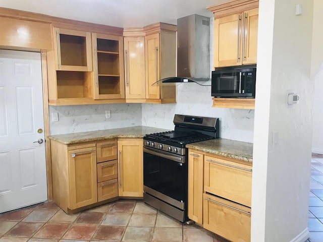 1230 Ramona Ave, Spring Valley, CA 91977 - kitchen featuring stainless steel gas range, wall chimney exhaust hood, black microwave, backsplash, and light brown cabinets