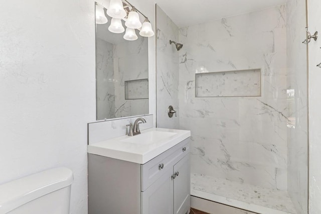 1230 Ramona Ave, Spring Valley, CA 91977 - bathroom with vanity, a marble finish shower, and a chandelier