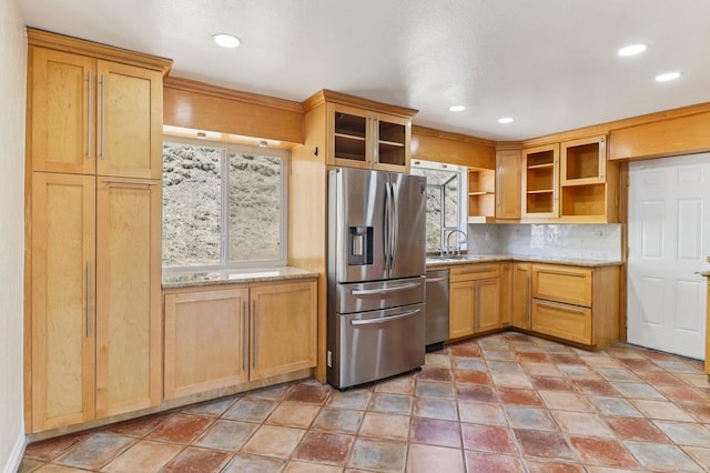 1230 Ramona Ave, Spring Valley, CA 91977 - kitchen with appliances with stainless steel finishes, open shelves, tasteful backsplash, light stone countertops, and recessed lighting
