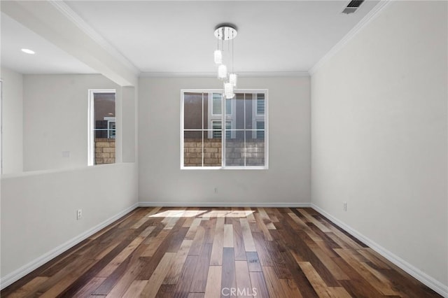 24058 Via Vis, Valencia, CA 91354 - unfurnished dining area with a chandelier, wood finished floors, and ornamental molding