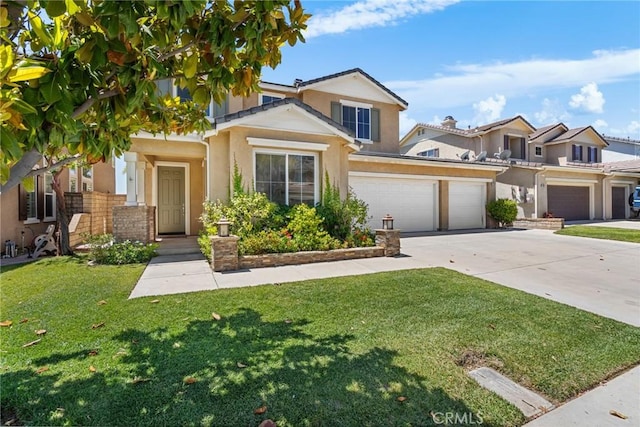 24058 Via Vis, Valencia, CA 91354 - view of front of home featuring stucco siding, concrete driveway, a front yard, an attached garage, and a garage