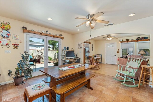 1117 Gladstone St, La Verne, CA 91750 - dining space featuring ceiling fan, arched walkways, recessed lighting, and light tile patterned floors