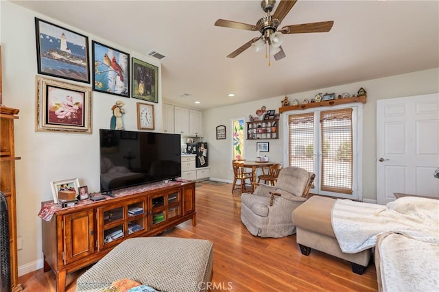 1117 Gladstone St, La Verne, CA 91750 - living area with light wood finished floors, a ceiling fan, and recessed lighting