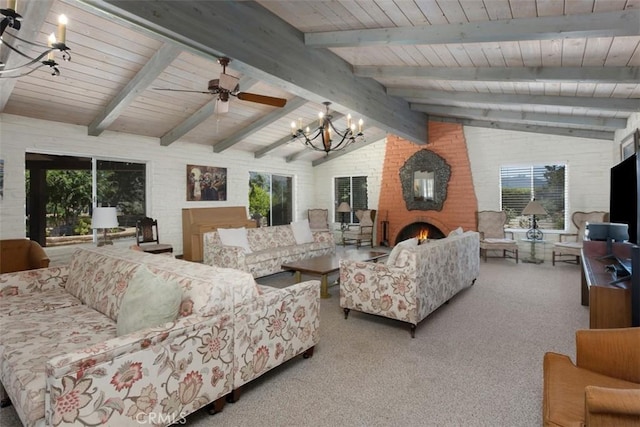 3331 Via Altamira, Fallbrook, CA 92028 - carpeted living room featuring a chandelier, wood ceiling, plenty of natural light, and a brick fireplace