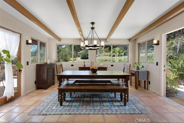 3331 Via Altamira, Fallbrook, CA 92028 - dining space featuring beam ceiling, a chandelier, and light tile patterned flooring