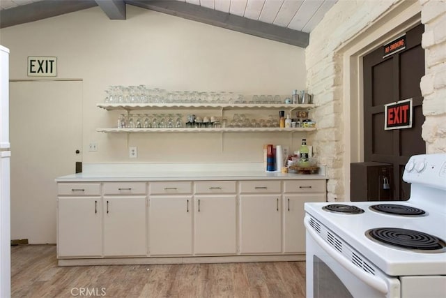 3331 Via Altamira, Fallbrook, CA 92028 - kitchen with electric stove, open shelves, light countertops, light wood-style floors, and wooden ceiling