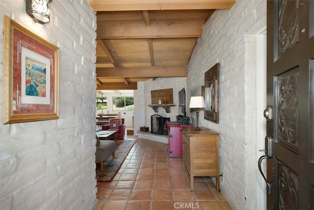 3331 Via Altamira, Fallbrook, CA 92028 - foyer with wooden ceiling, a wood stove, and light tile patterned flooring