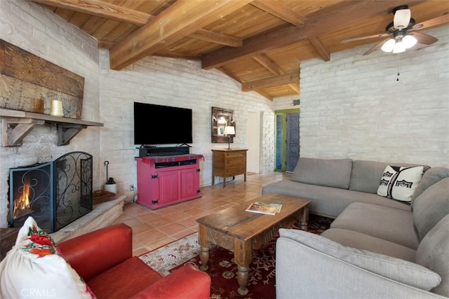 3331 Via Altamira, Fallbrook, CA 92028 - living room with wood ceiling, light tile patterned flooring, a ceiling fan, and a stone fireplace