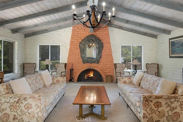 3331 Via Altamira, Fallbrook, CA 92028 - carpeted living room featuring a chandelier, plenty of natural light, an outdoor brick fireplace, wooden ceiling, and brick wall
