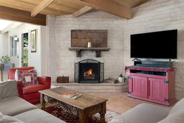 3331 Via Altamira, Fallbrook, CA 92028 - living room with wooden ceiling, a fireplace, and tile patterned floors