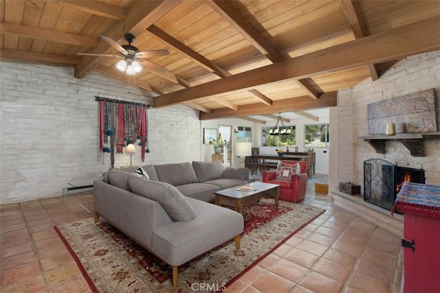 3331 Via Altamira, Fallbrook, CA 92028 - living room featuring ceiling fan, wood ceiling, a baseboard heating unit, a fireplace, and light tile patterned floors