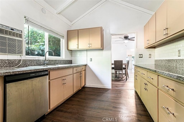 3432 Larissa Dr, Los Angeles, CA 90026 - kitchen featuring stainless steel dishwasher, ceiling fan, dark wood finished floors, and tasteful backsplash
