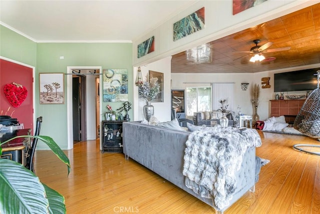 3432 Larissa Dr, Los Angeles, CA 90026 - living area with ceiling fan, wood finished floors, and crown molding