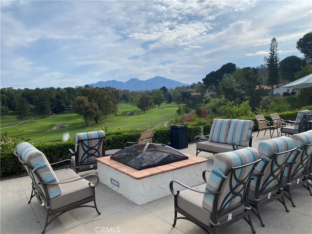 28432 Alava, Mission Viejo, CA 92692 - view of patio / terrace with an outdoor living space with a fire pit, a mountain view, and view of golf course