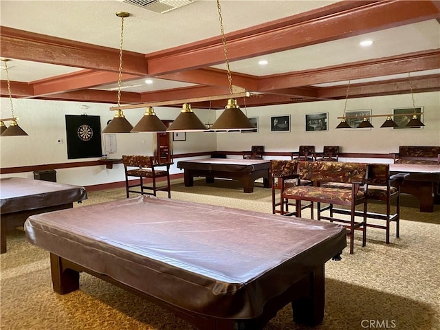28432 Alava, Mission Viejo, CA 92692 - playroom with carpet flooring, pool table, beamed ceiling, coffered ceiling, and recessed lighting