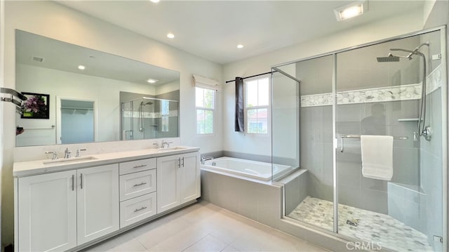 122 Espina, Irvine, CA 92620 - full bathroom featuring a stall shower, a garden tub, recessed lighting, double vanity, and tile patterned floors