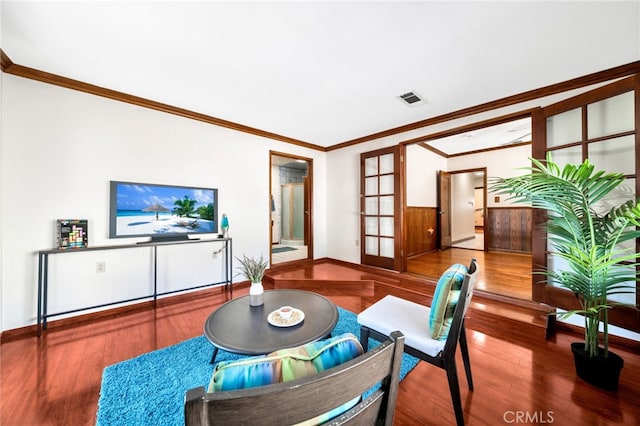 520 W Santa Clara Ave, Santa Ana, CA 92706 - living area with french doors, wood finished floors, and ornamental molding