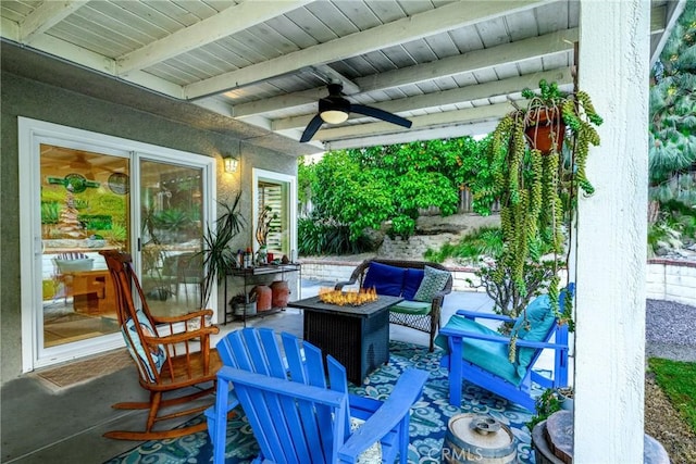 6255 Barranca Dr, Riverside, CA 92506 - view of patio / terrace with ceiling fan and an outdoor living space with a fire pit