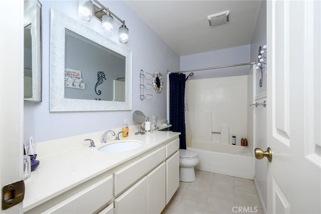 6255 Barranca Dr, Riverside, CA 92506 - bathroom with vanity, tile patterned floors, and shower / tub combo with curtain