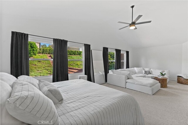 12026 Haven Crest St, Moorpark, CA 93021 - bedroom with carpet floors, lofted ceiling, and a ceiling fan