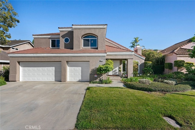 12026 Haven Crest St, Moorpark, CA 93021 - view of front facade with concrete driveway, stucco siding, a tile roof, and a front lawn