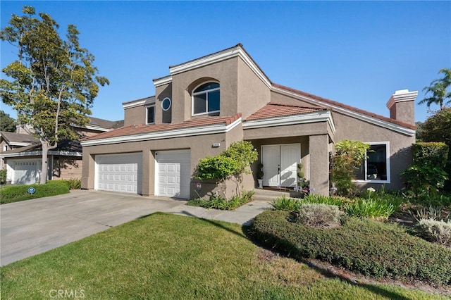 12026 Haven Crest St, Moorpark, CA 93021 - view of front of property featuring stucco siding, driveway, an attached garage, a chimney, and a front lawn