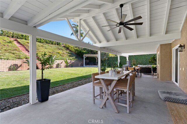 12026 Haven Crest St, Moorpark, CA 93021 - fenced backyard with ceiling fan, outdoor dining space, and a patio