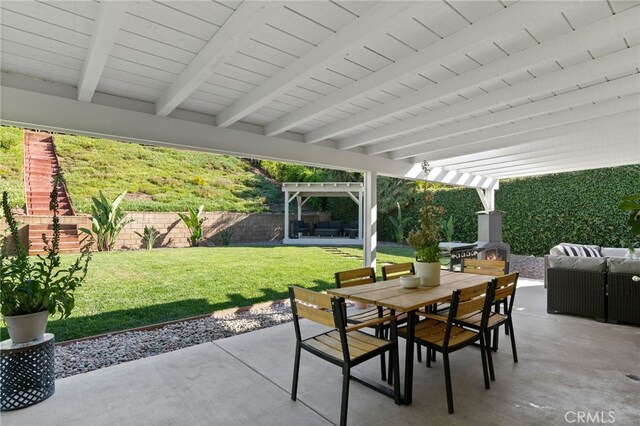 12026 Haven Crest St, Moorpark, CA 93021 - fenced backyard featuring outdoor dining area, a pergola, outdoor lounge area, and a patio