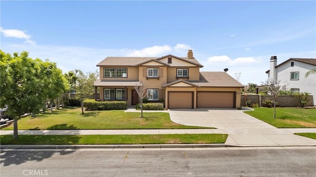 14181 Vai Brothers Dr, Rancho Cucamonga, CA 91739 - traditional-style house featuring a garage, concrete driveway, stucco siding, a chimney, and a tiled roof