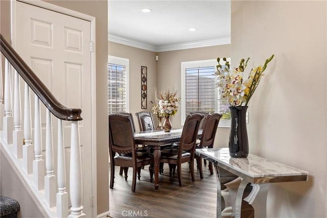 14181 Vai Brothers Dr, Rancho Cucamonga, CA 91739 - dining space featuring healthy amount of natural light, dark wood-style flooring, stairs, crown molding, and recessed lighting