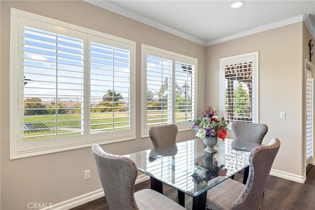 14181 Vai Brothers Dr, Rancho Cucamonga, CA 91739 - dining space with healthy amount of natural light, dark wood-type flooring, crown molding, and recessed lighting