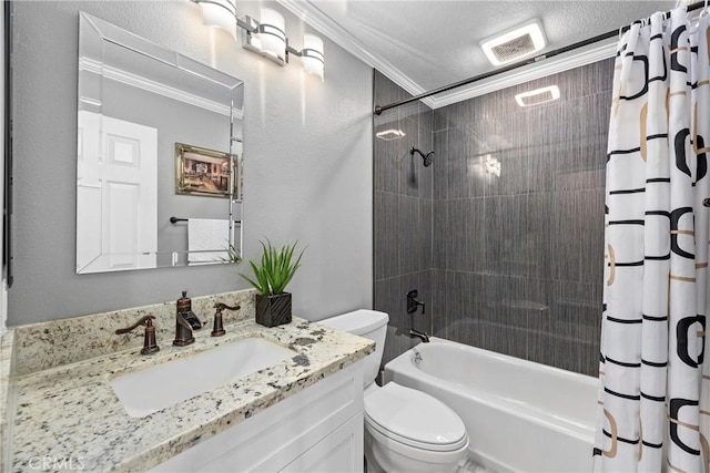 14181 Vai Brothers Dr, Rancho Cucamonga, CA 91739 - full bath featuring vanity, ornamental molding, and shower / bathtub combination with curtain