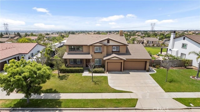 14181 Vai Brothers Dr, Rancho Cucamonga, CA 91739 - view of front of property with a residential view, a tiled roof, stucco siding, driveway, and an attached garage