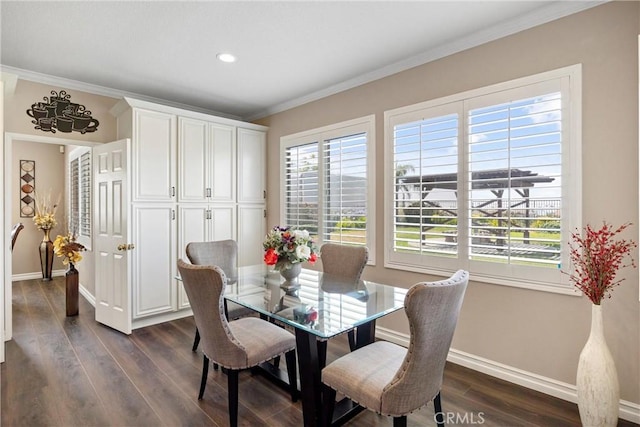 14181 Vai Brothers Dr, Rancho Cucamonga, CA 91739 - dining area featuring ornamental molding, dark wood-style floors, and recessed lighting