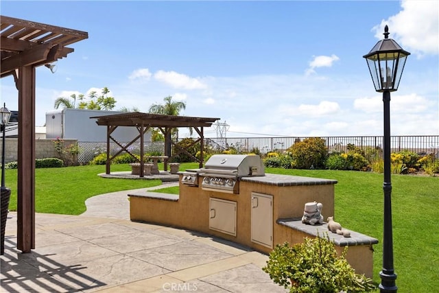 14181 Vai Brothers Dr, Rancho Cucamonga, CA 91739 - fenced backyard featuring a pergola, an outdoor kitchen, and a patio area