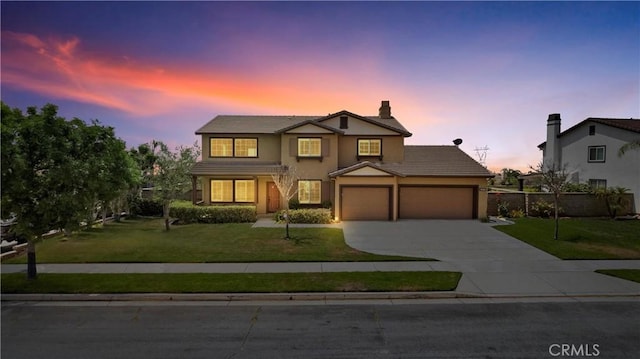 14181 Vai Brothers Dr, Rancho Cucamonga, CA 91739 - traditional-style home with a garage, driveway, stucco siding, a tiled roof, and a chimney
