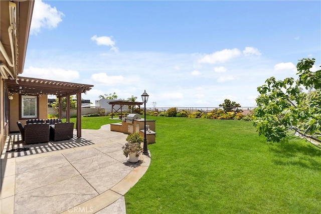 14181 Vai Brothers Dr, Rancho Cucamonga, CA 91739 - fenced backyard with a pergola, a patio area, and an outdoor kitchen