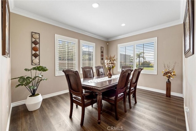 14181 Vai Brothers Dr, Rancho Cucamonga, CA 91739 - dining area featuring dark wood-style floors, crown molding, and recessed lighting