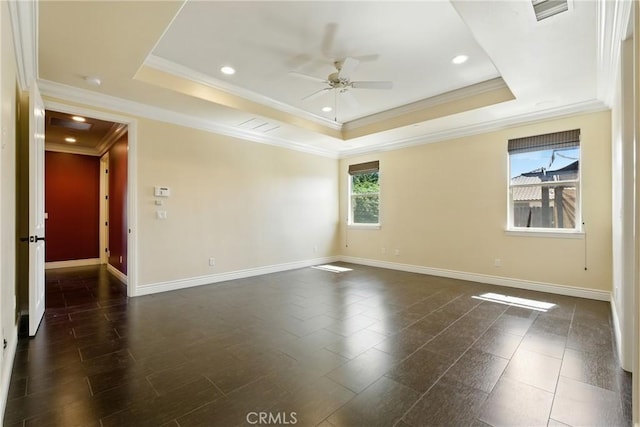 13611 Francisco Dr, Hanford, CA 93230 - empty room featuring a ceiling fan, a raised ceiling, ornamental molding, and recessed lighting