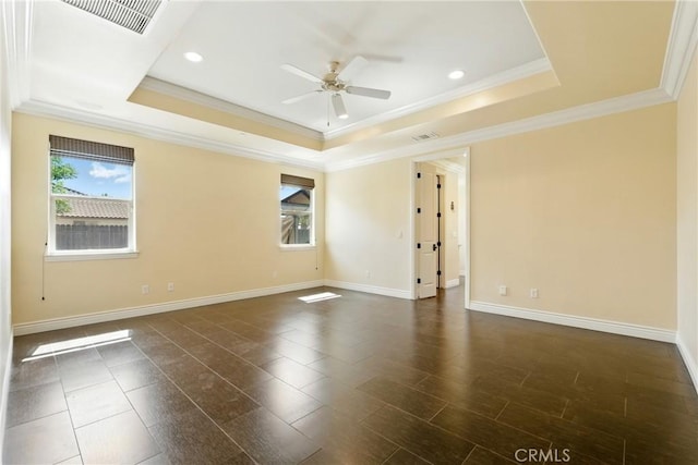13611 Francisco Dr, Hanford, CA 93230 - empty room with ceiling fan, a tray ceiling, ornamental molding, and recessed lighting