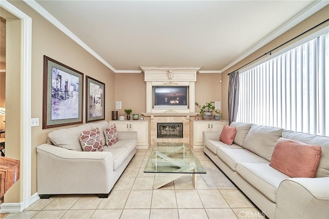 11853 Saybrook Dr, Rancho Cucamonga, CA 91730 - living area featuring light tile patterned flooring, ornamental molding, and a glass covered fireplace