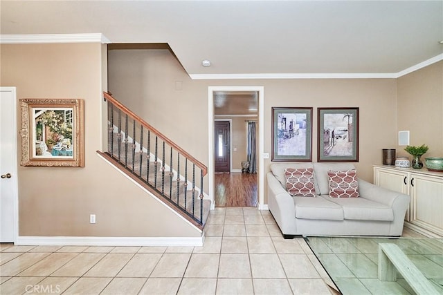 11853 Saybrook Dr, Rancho Cucamonga, CA 91730 - living area featuring crown molding, light tile patterned floors, and stairs