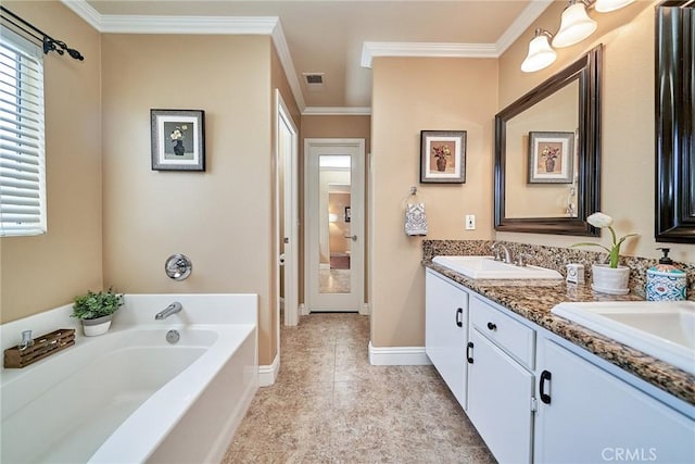 11853 Saybrook Dr, Rancho Cucamonga, CA 91730 - full bathroom with double vanity, a bath, ornamental molding, and tile patterned floors