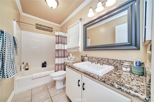 11853 Saybrook Dr, Rancho Cucamonga, CA 91730 - bathroom featuring vanity, shower / bath combo with shower curtain, crown molding, and tile patterned floors